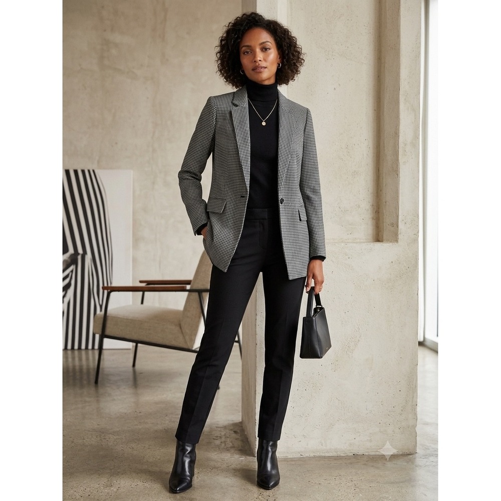 LOFT Womens Black White Houndstooth Blazer Size 8 Two Button Career Jacket
